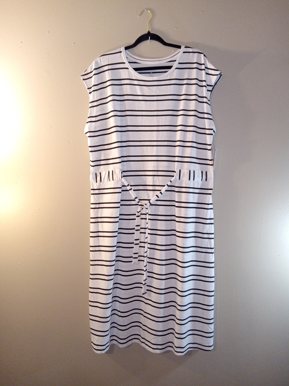 Striped White and Black Tie-Waist Midi Dress